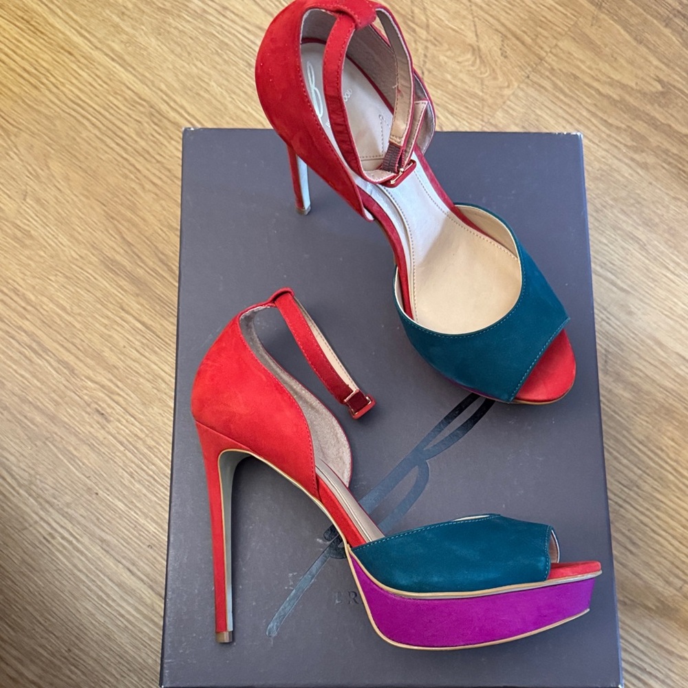 Brian Atwood - Colorblock Suede Platform Stiletto Sandals in Red, Teal & Magenta